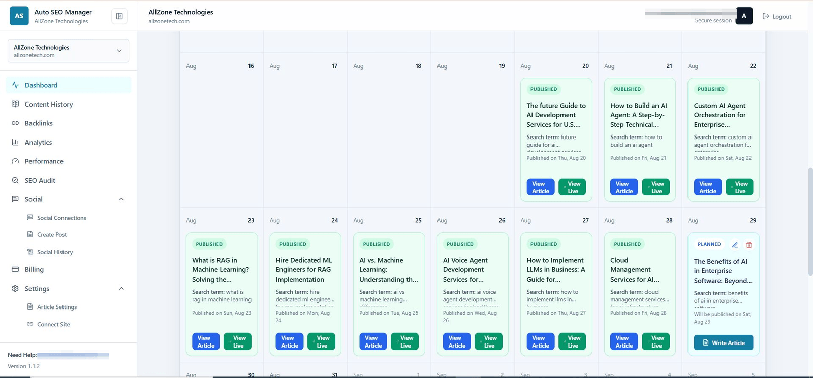 The Zonified Rank content calendar for the allzonetech.com workspace, showing published articles laid out day by day through late August with the search term each one targeted, a planned article awaiting generation, and a sidebar for content history, backlinks, analytics, performance, SEO audit and social posting