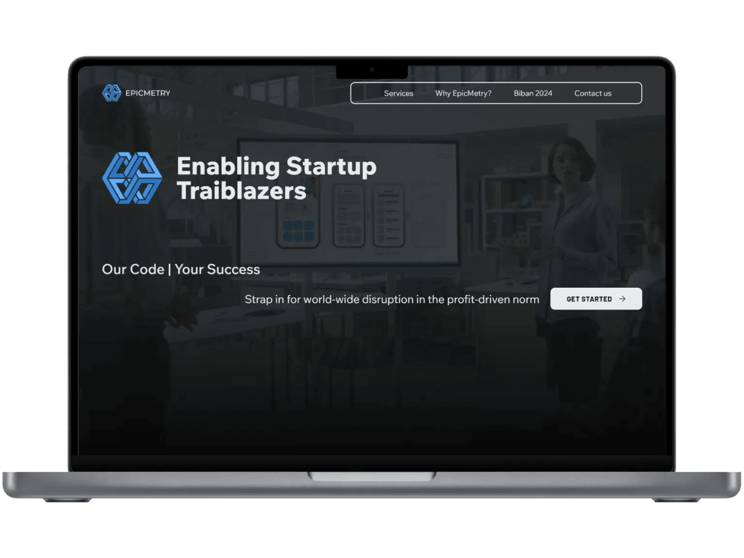 The Epicmetry site on a laptop, headlined Enabling Startup Trailblazers, with the company mark and a get started button.
