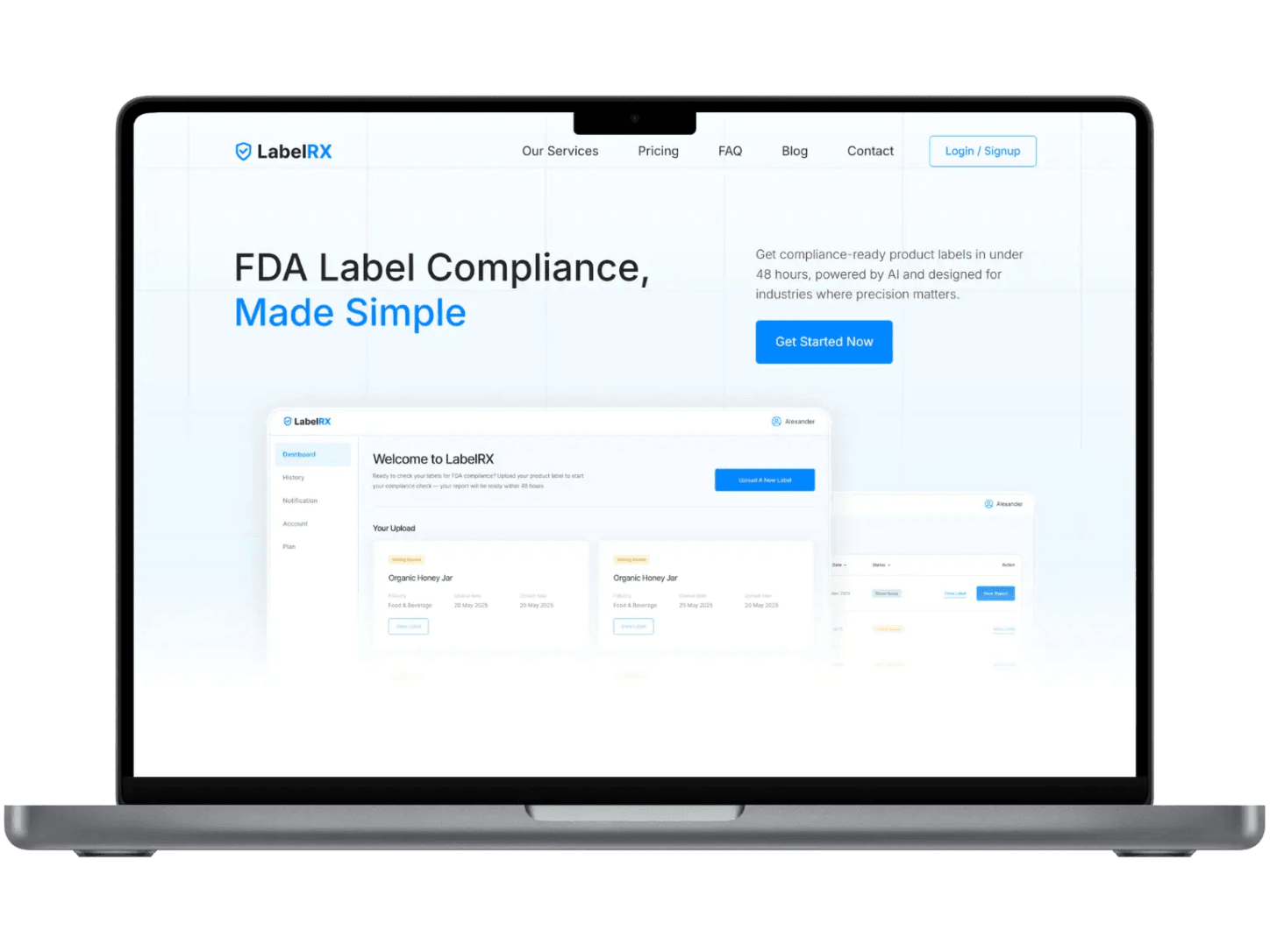 The LabelRX site on a laptop, headlined FDA Label Compliance, Made Simple, above a preview of the compliance dashboard.