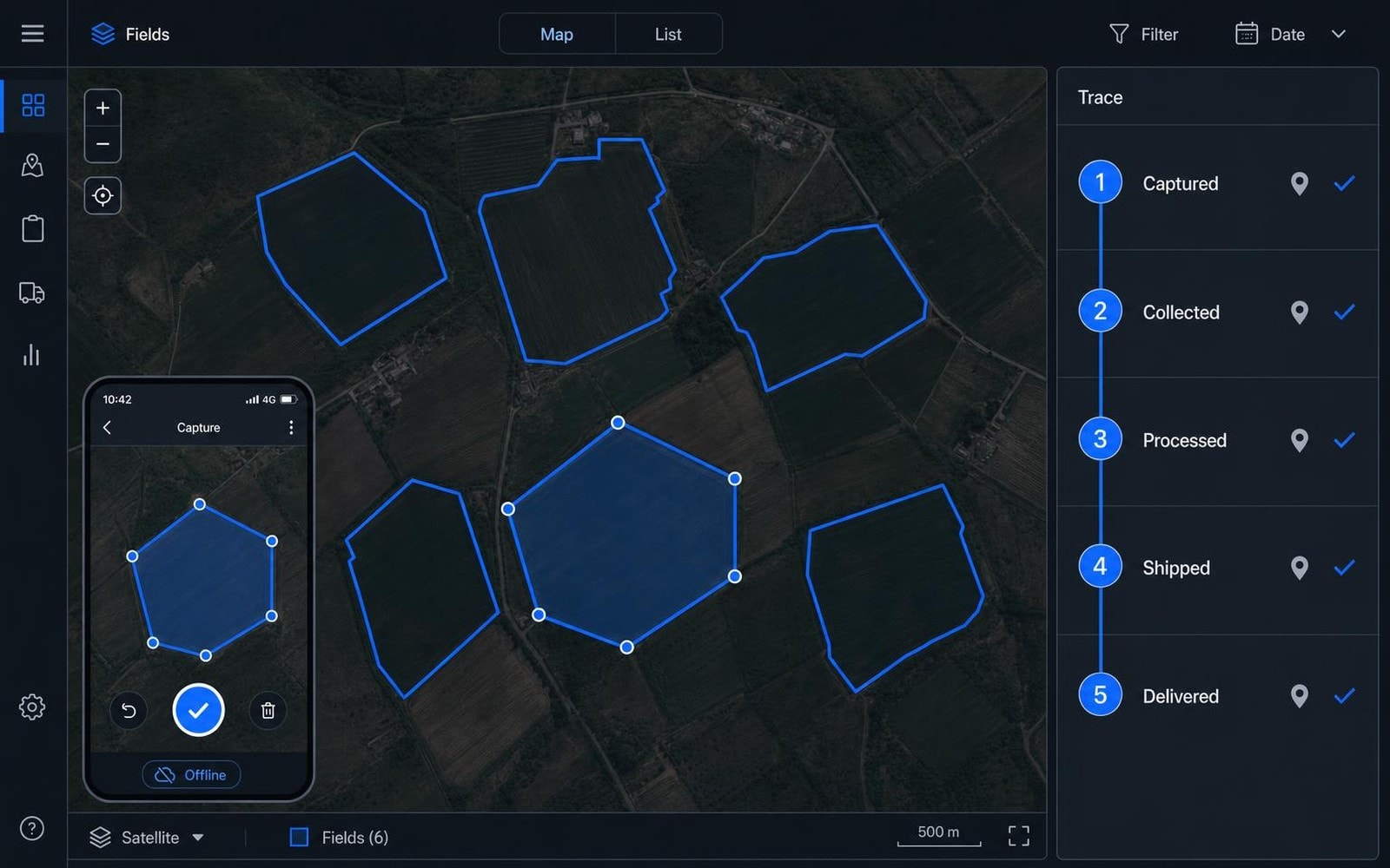 A satellite map with six mapped field boundaries, a mobile capture screen working offline, and a trace panel confirming the captured, collected, processed, shipped and delivered stages.