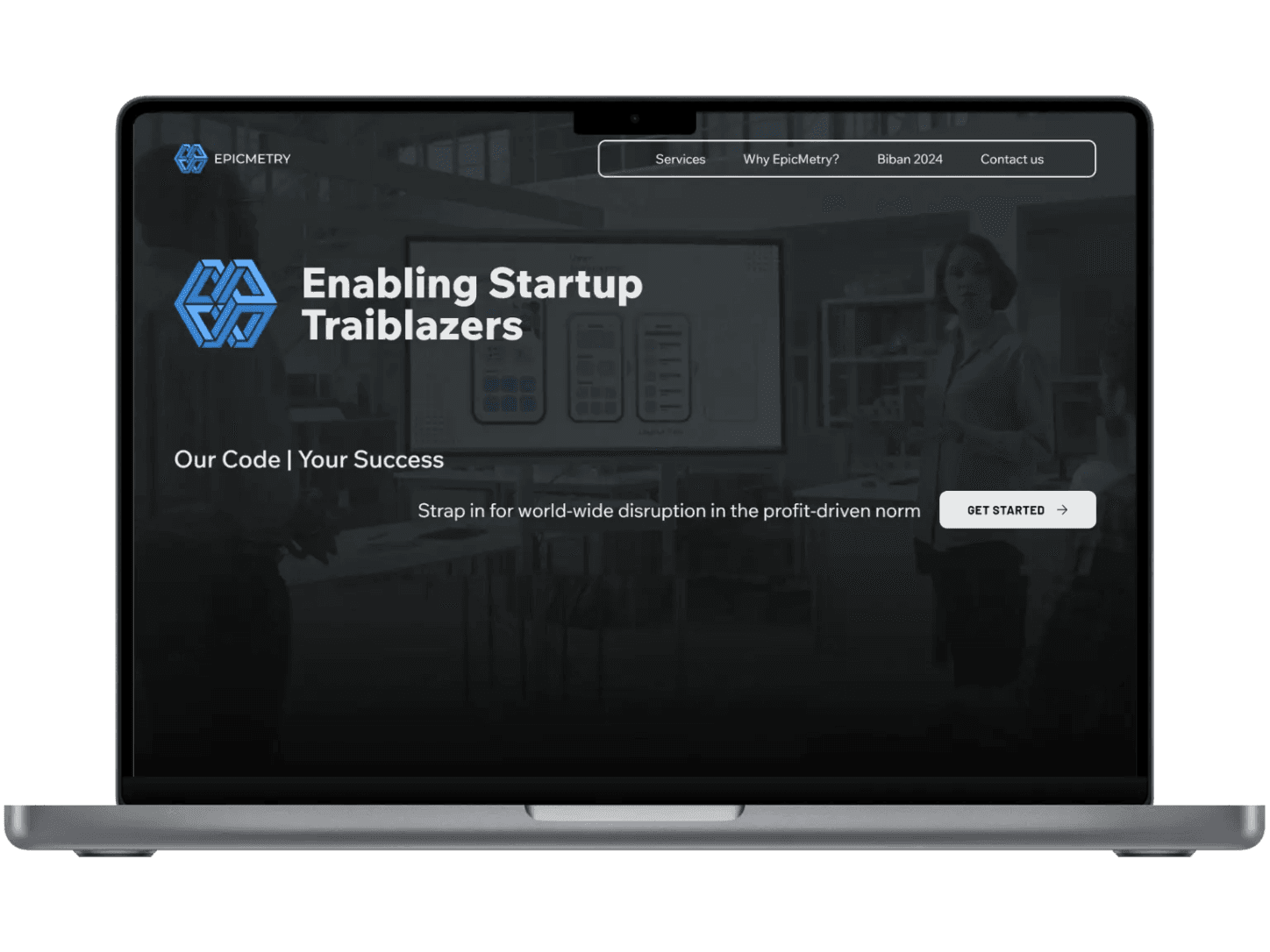 The Epicmetry site on a laptop, headlined Enabling Startup Trailblazers, with the company mark and a get started button.