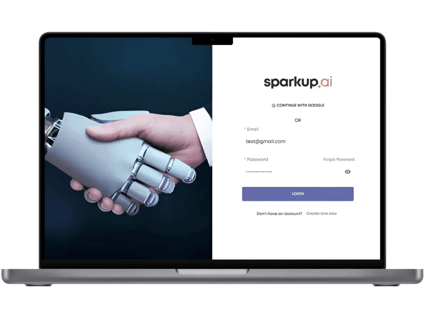 The SparkUp AI sign in screen on a laptop, split between an illustration of a robot and human handshake and an email login form.